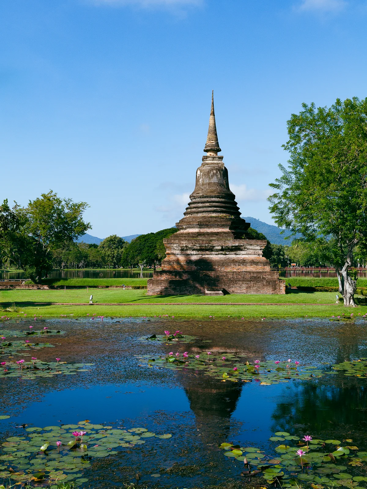 Un stupa ancien en briques à la flèche effilée s'élève sur une pelouse verte, devant un étang couvert de nénuphars roses, sous un ciel bleu dégagé.